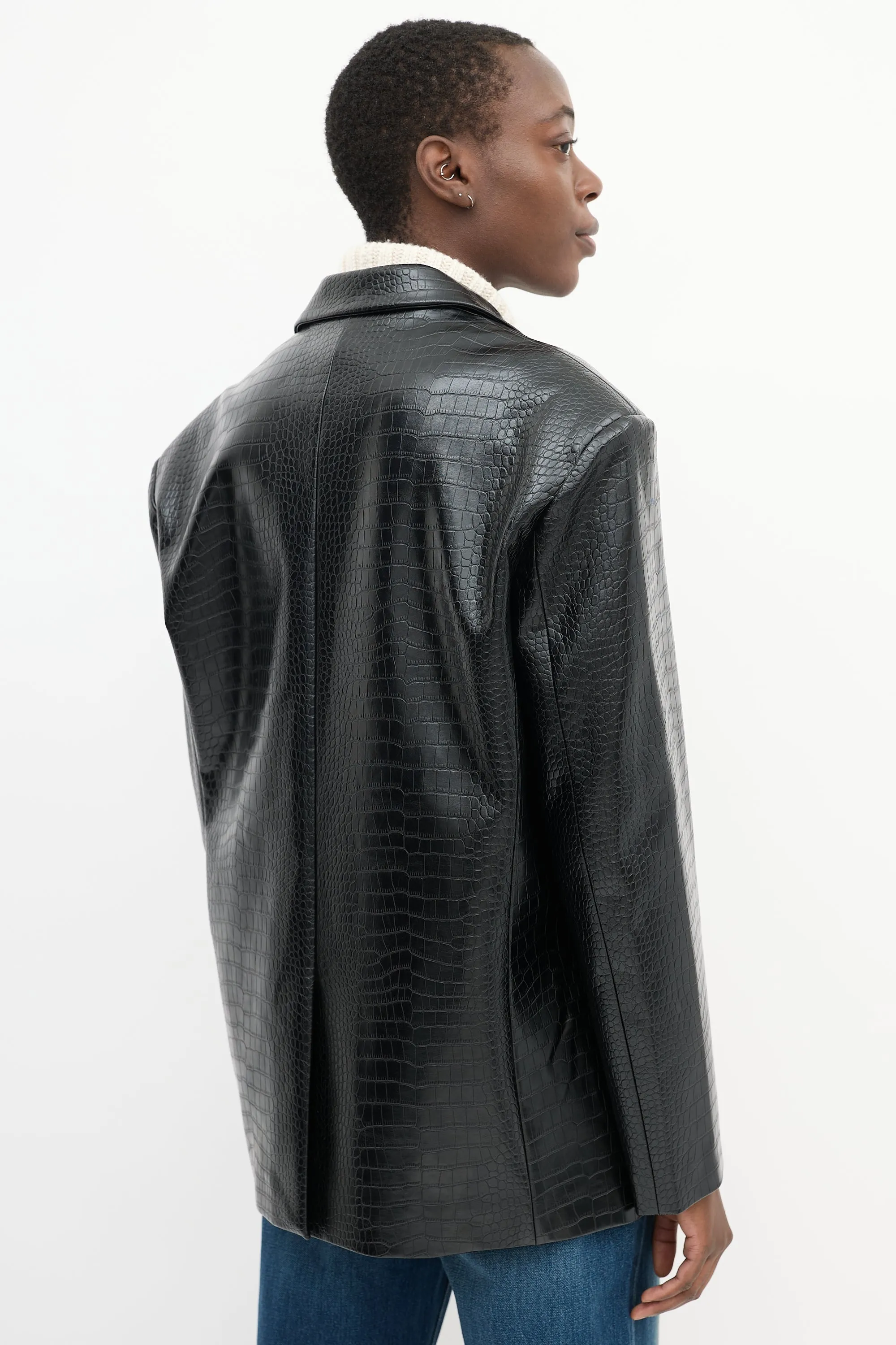 Black Embossed Faux Leather Two Pocket Jacket