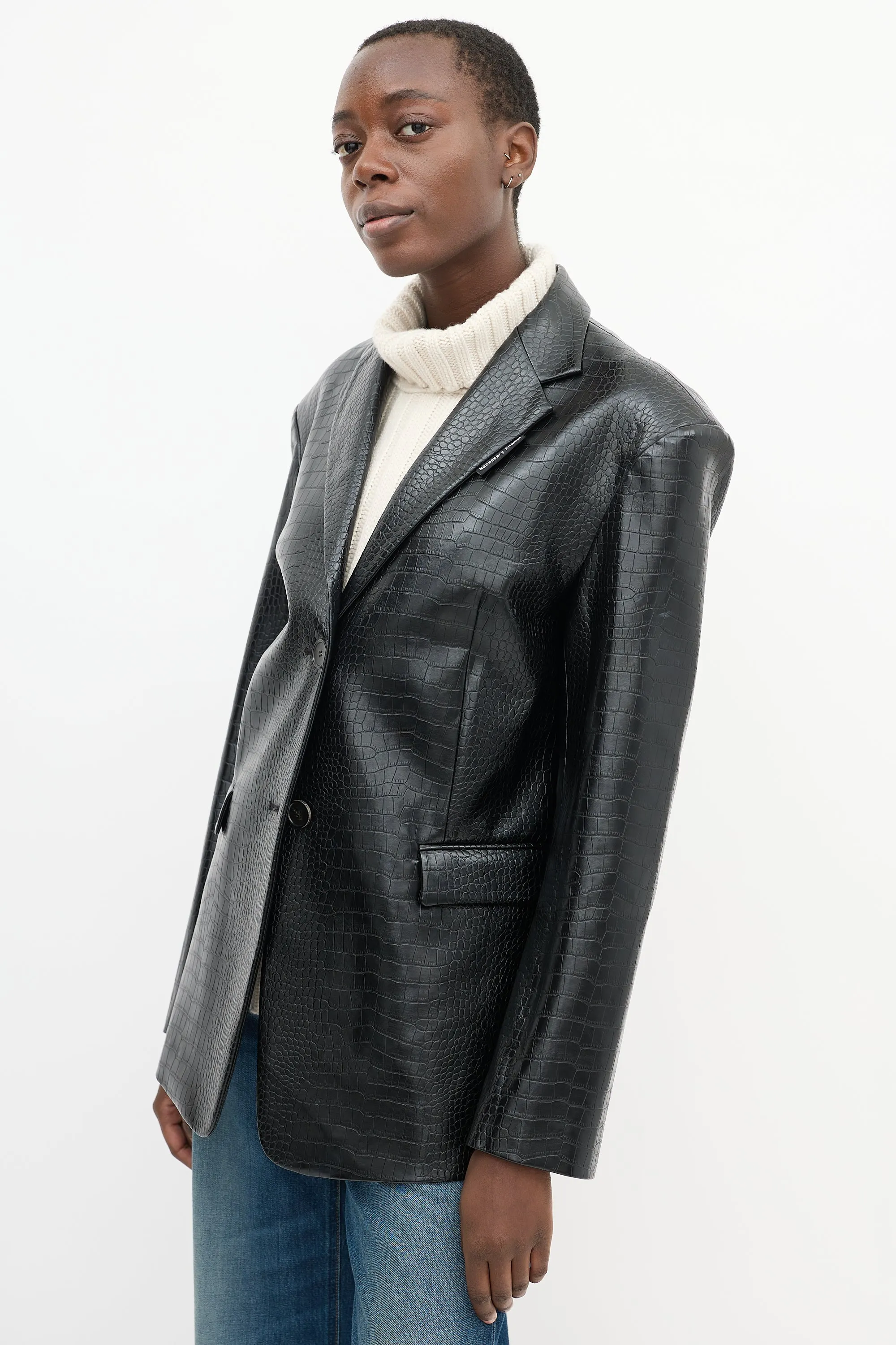 Black Embossed Faux Leather Two Pocket Jacket
