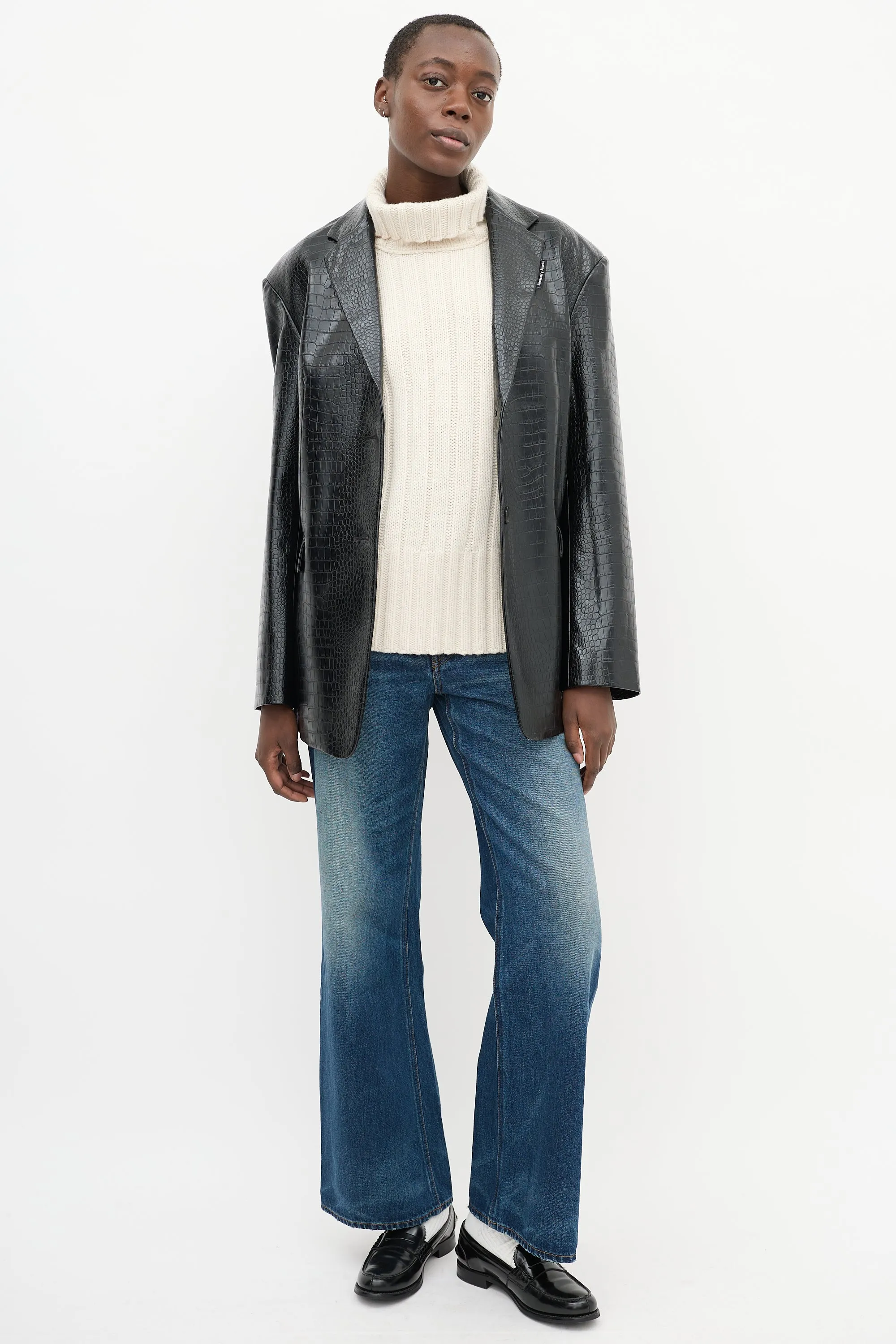 Black Embossed Faux Leather Two Pocket Jacket