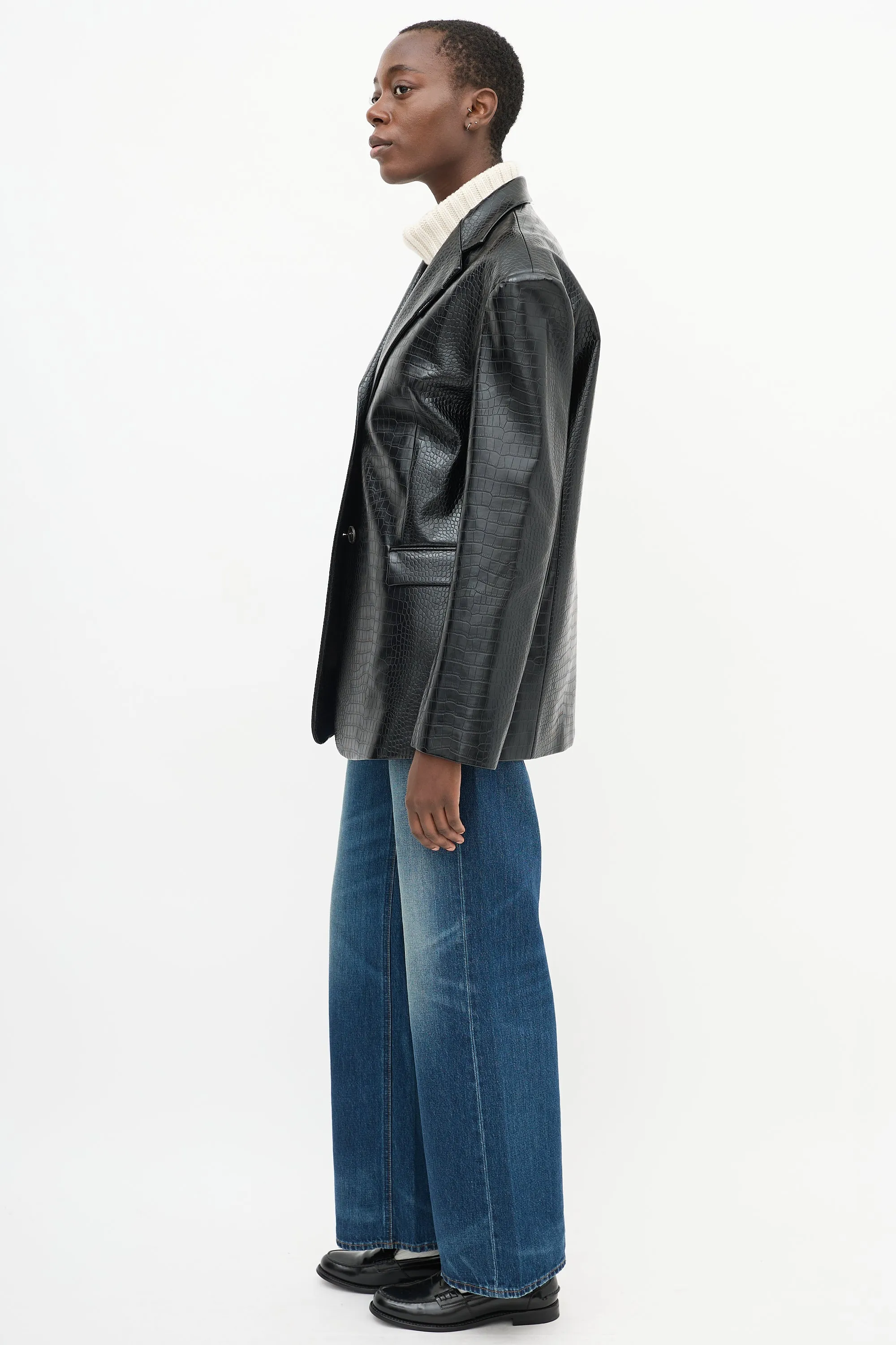 Black Embossed Faux Leather Two Pocket Jacket