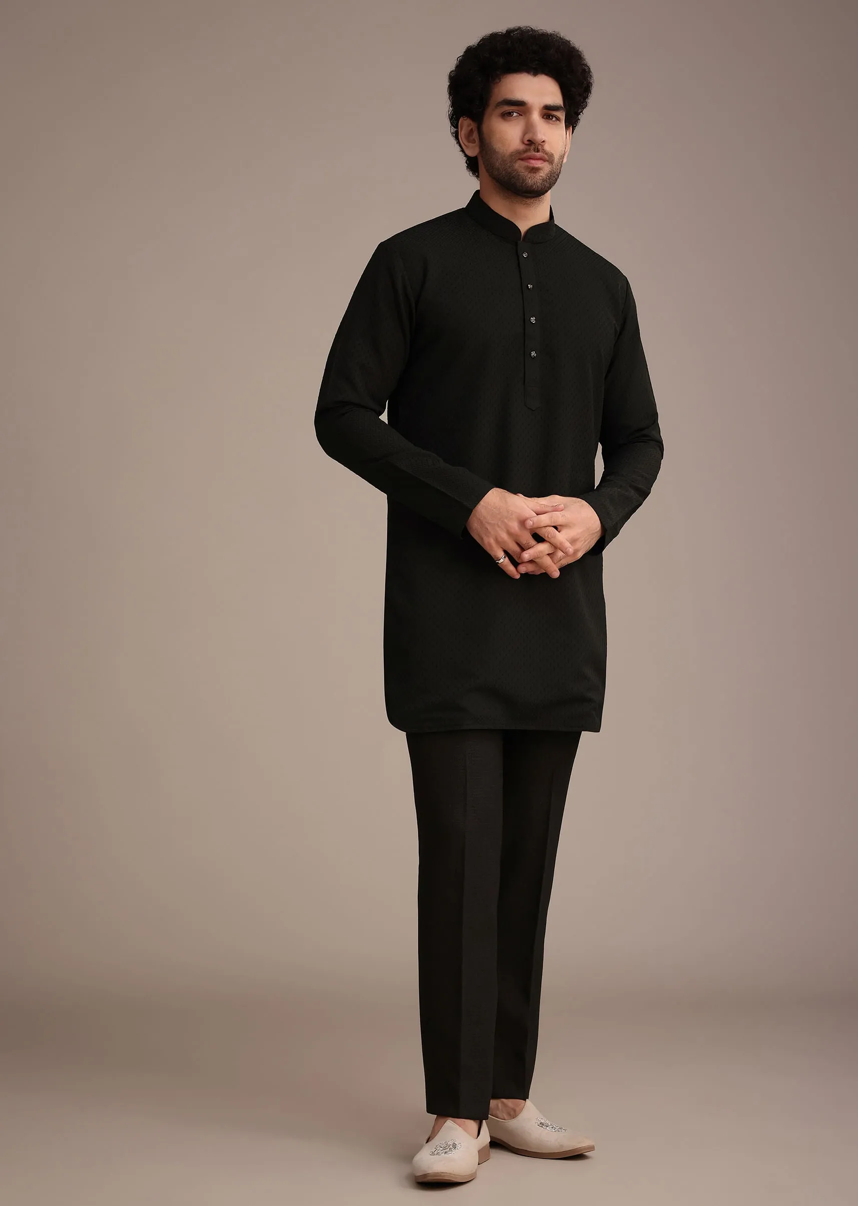 Black Silk Kurta Jacket Set With Patch Work Broach