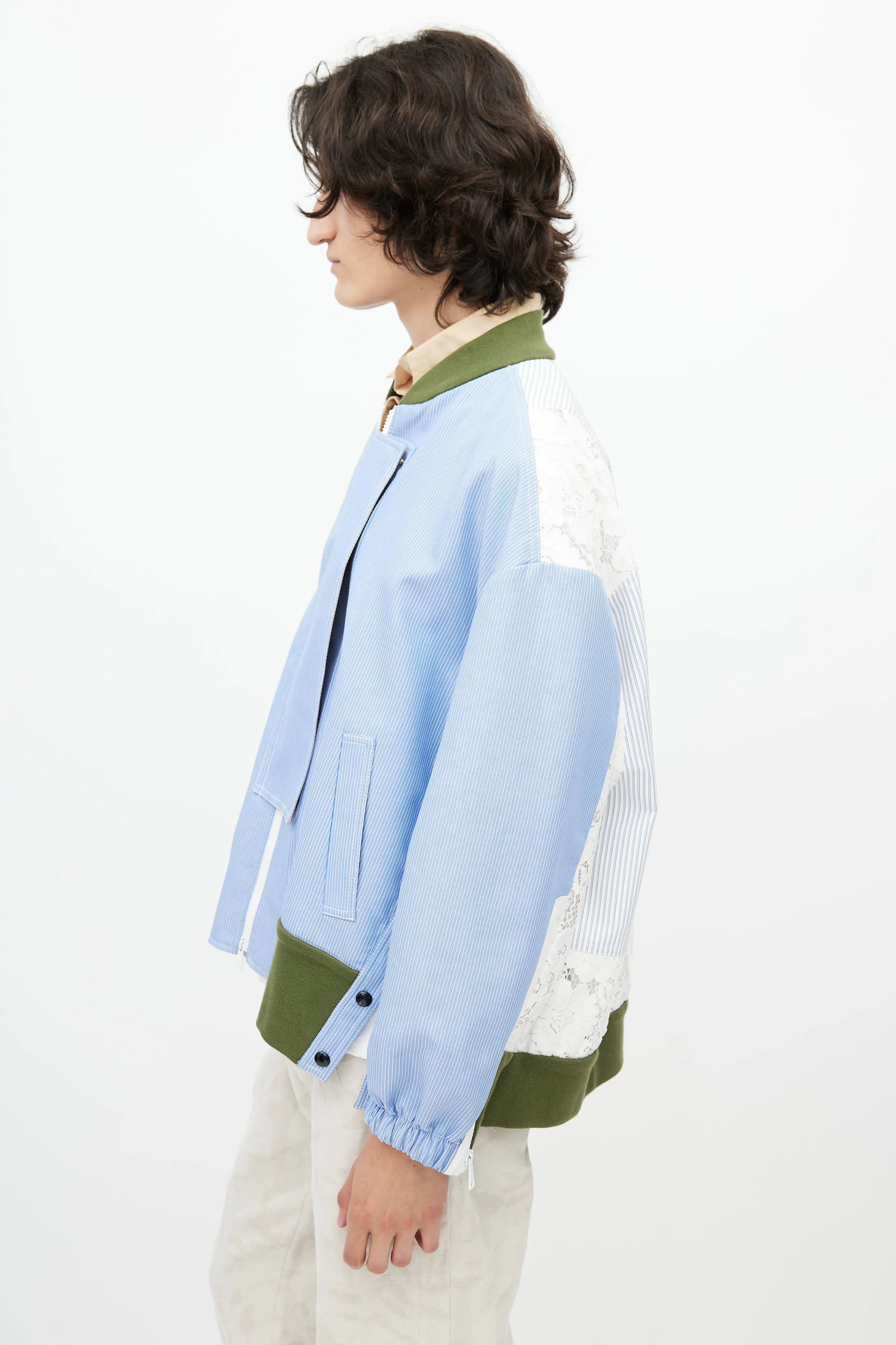 Blue & White Stripe Lace Panel Bomber Jacket