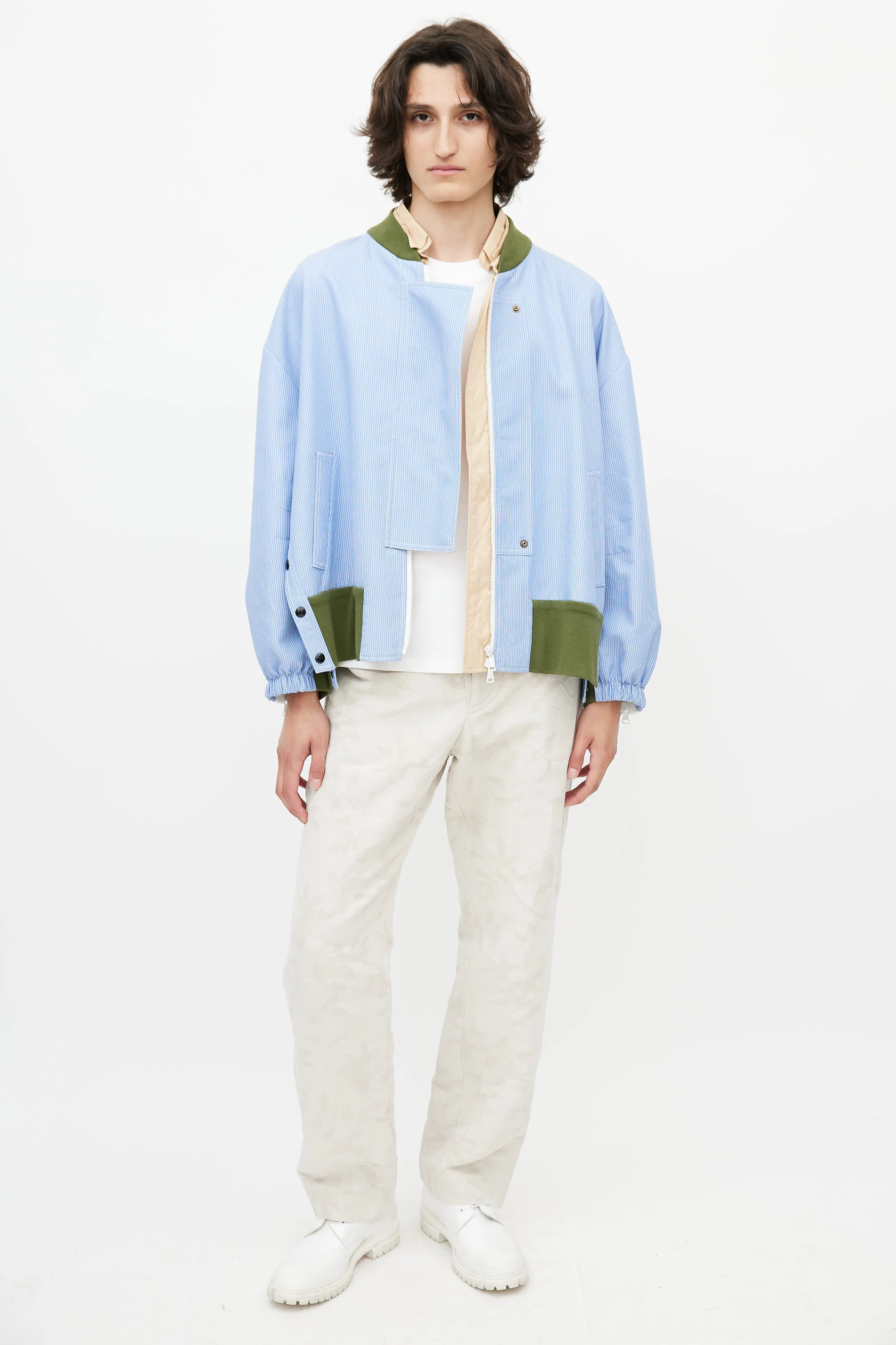 Blue & White Stripe Lace Panel Bomber Jacket