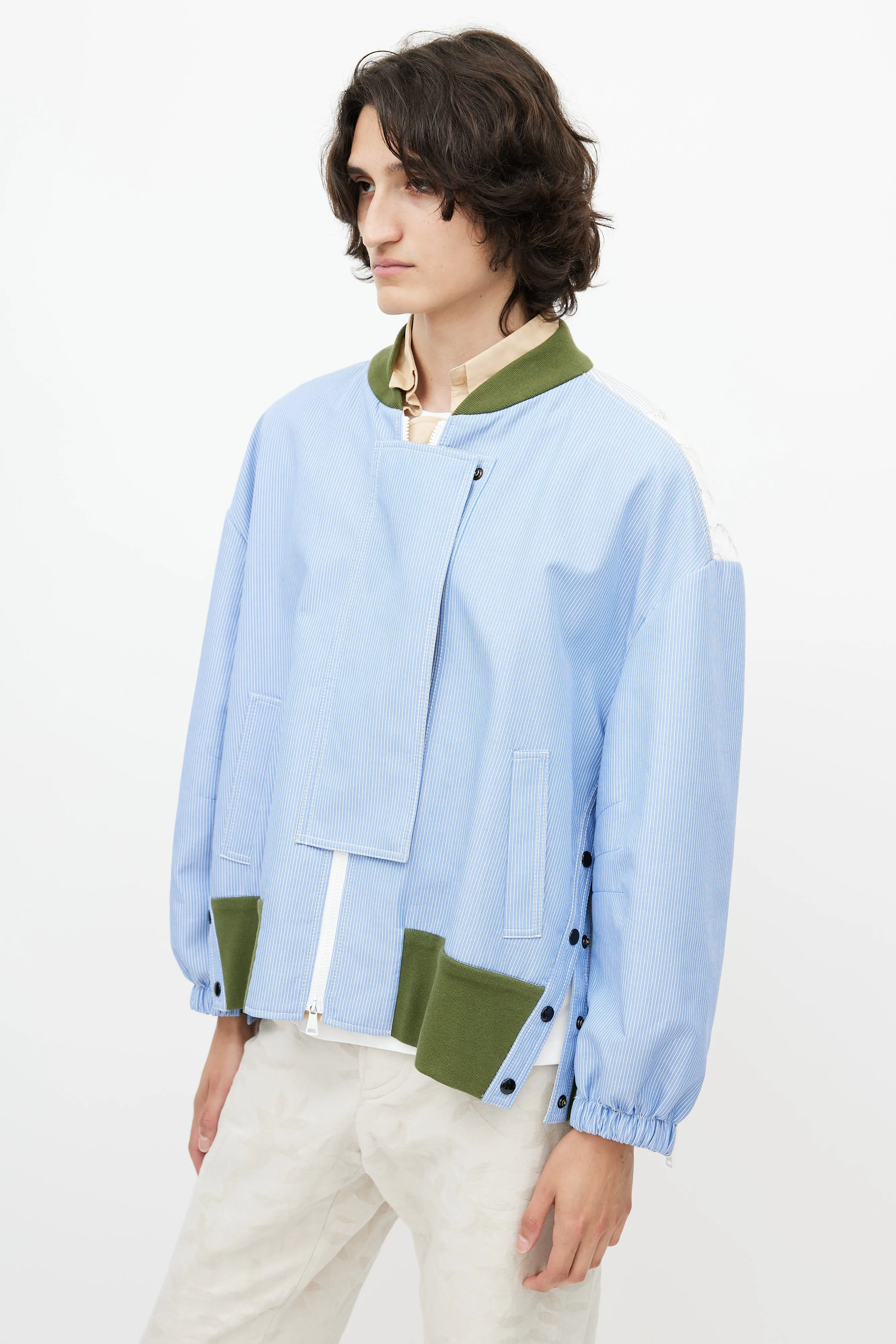 Blue & White Stripe Lace Panel Bomber Jacket