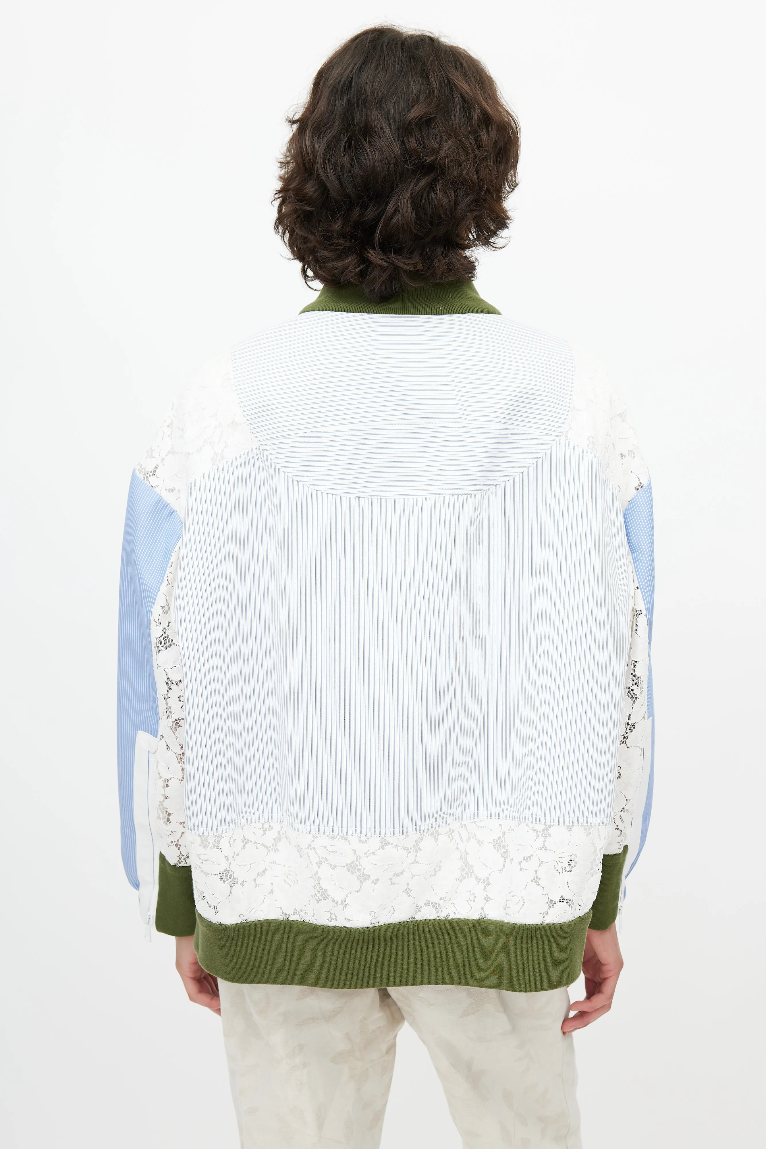 Blue & White Stripe Lace Panel Bomber Jacket