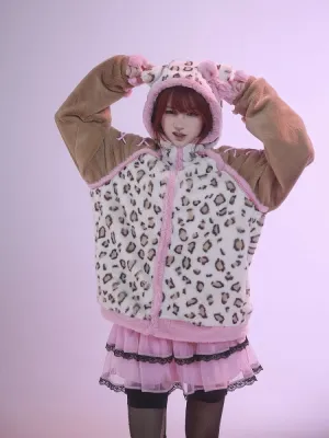 Brown and Pink Leopard Kitty Ears Hooded Plush Jacket