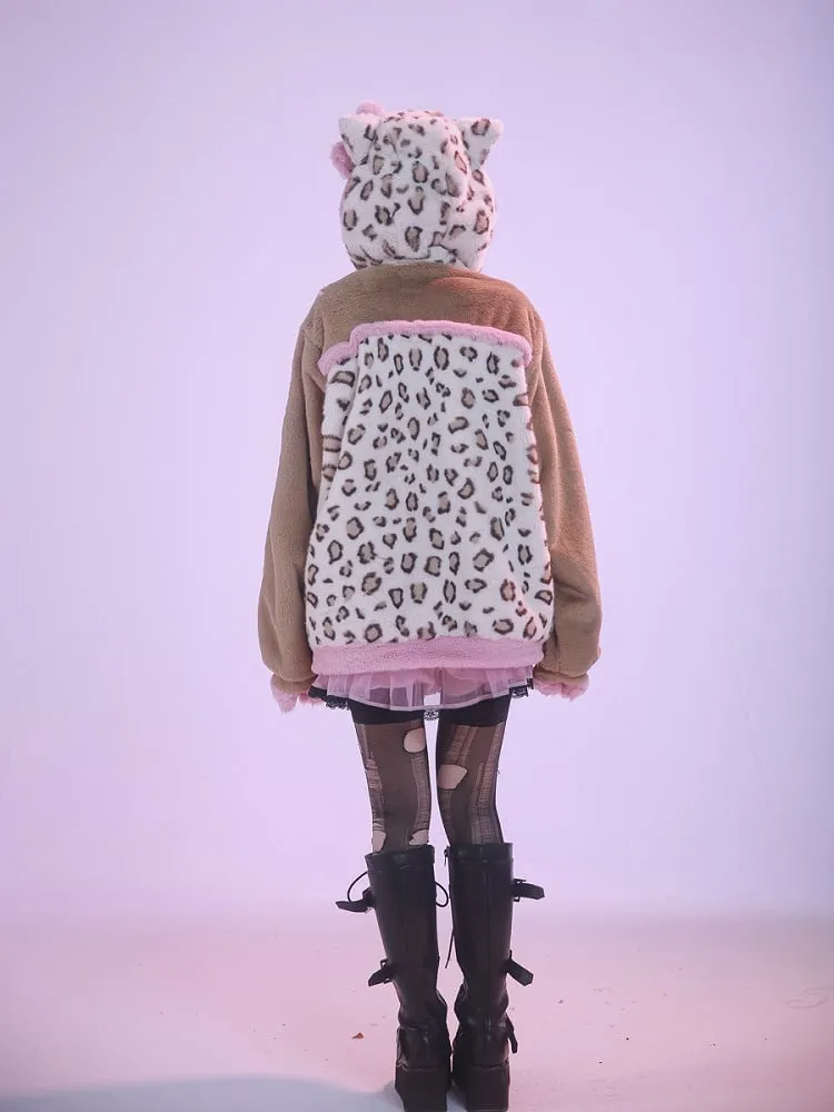 Brown and Pink Leopard Kitty Ears Hooded Plush Jacket