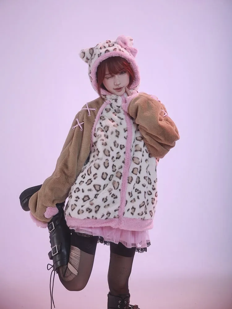 Brown and Pink Leopard Kitty Ears Hooded Plush Jacket