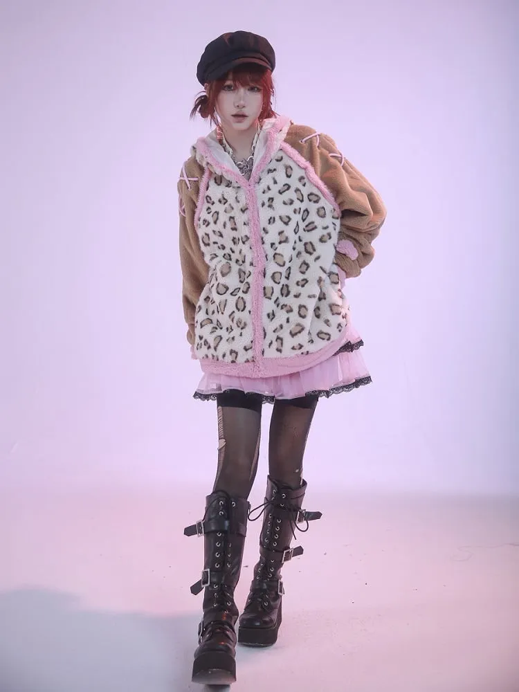 Brown and Pink Leopard Kitty Ears Hooded Plush Jacket