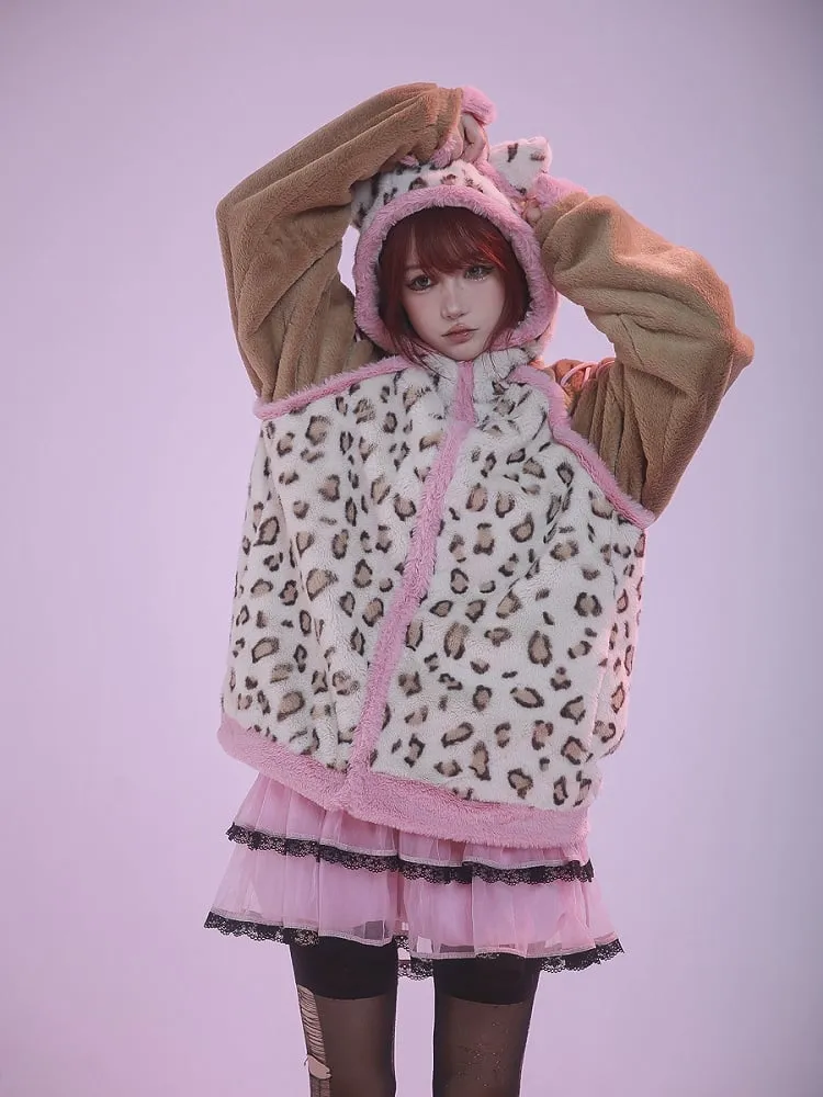 Brown and Pink Leopard Kitty Ears Hooded Plush Jacket