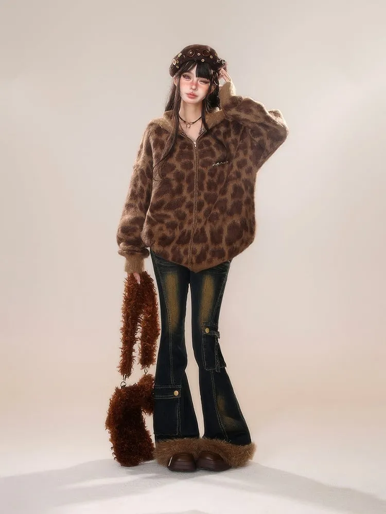 Brown Leopard Thick Hooded Zip Jacket