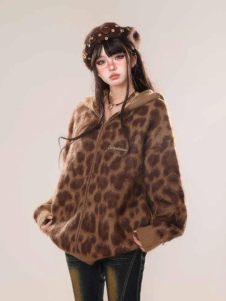 Brown Leopard Thick Hooded Zip Jacket