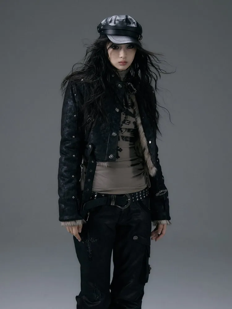 Buckle and Studs Black Reversible Leopard Shaggy Jacket