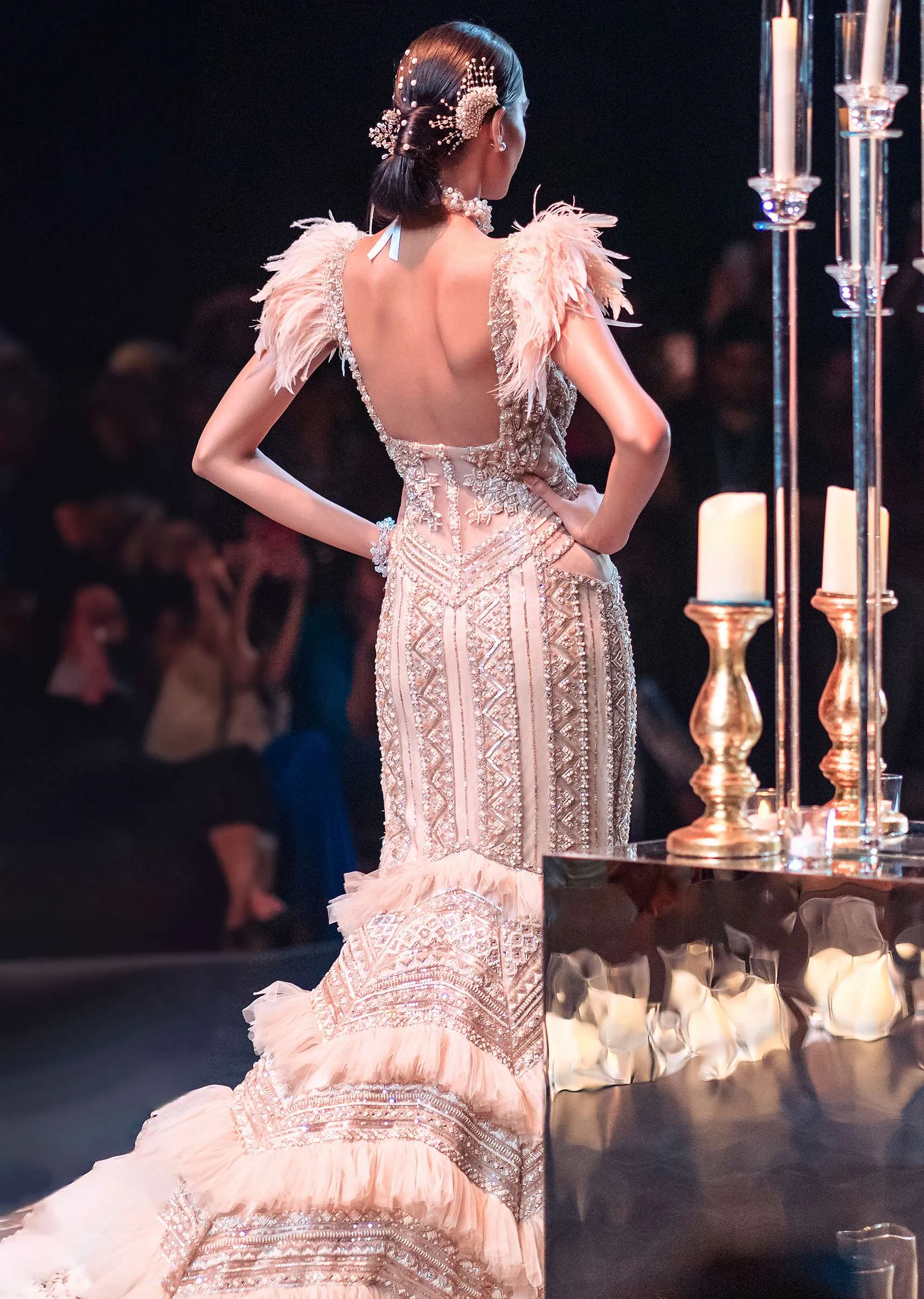 Gold Bodycon Gown With Layered Detail And 3D Feathers