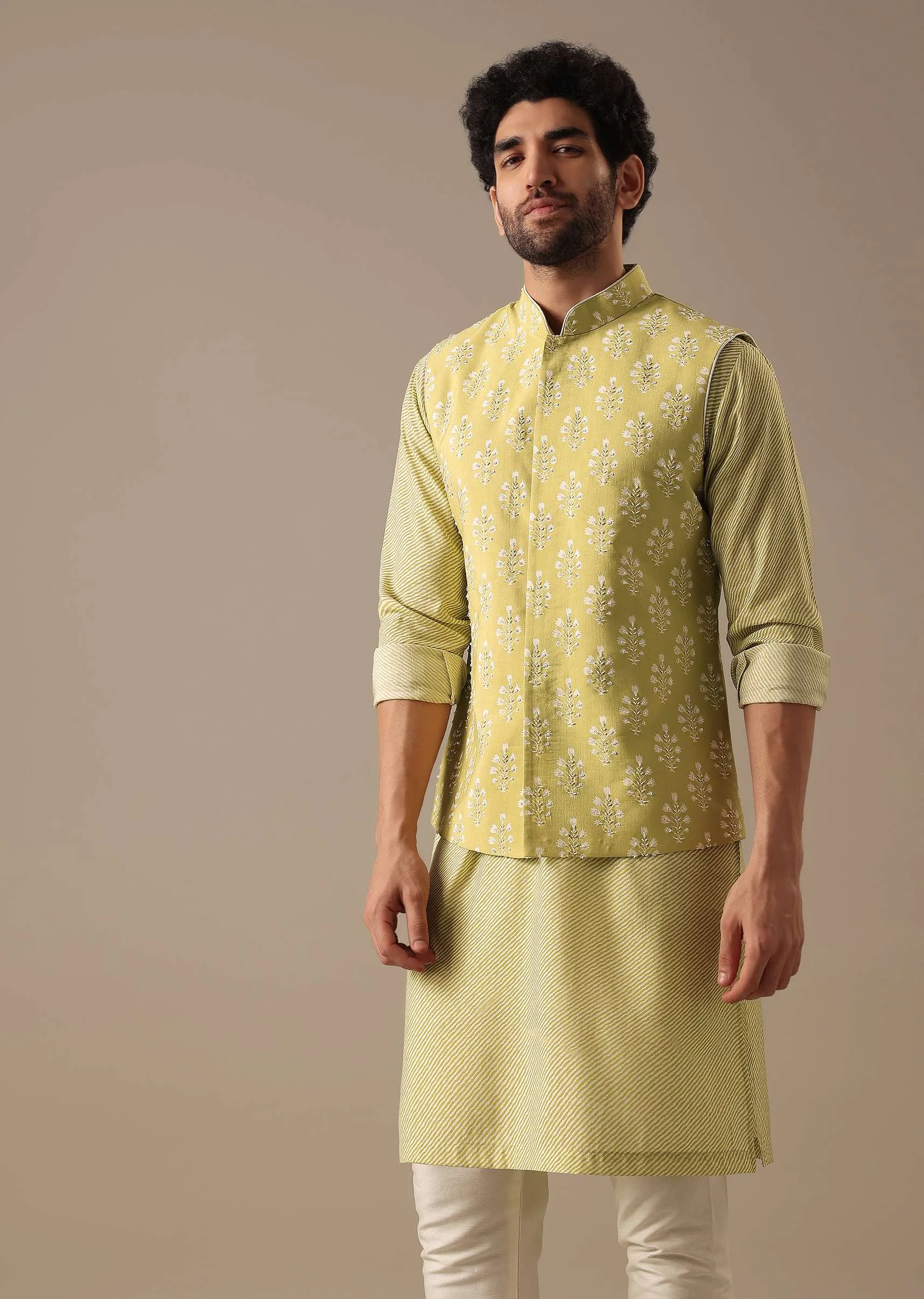Green Floral Bundi & Striped Kurta Set