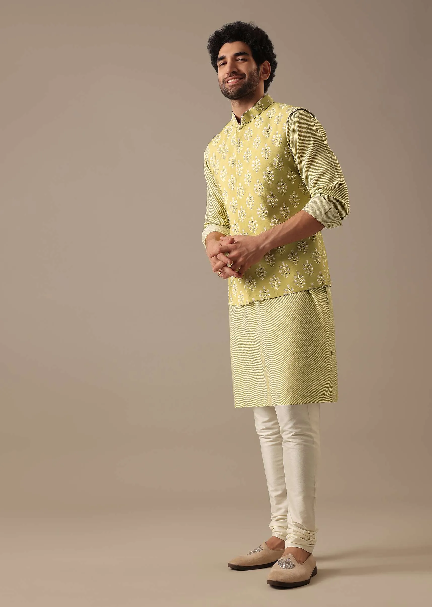 Green Floral Bundi & Striped Kurta Set