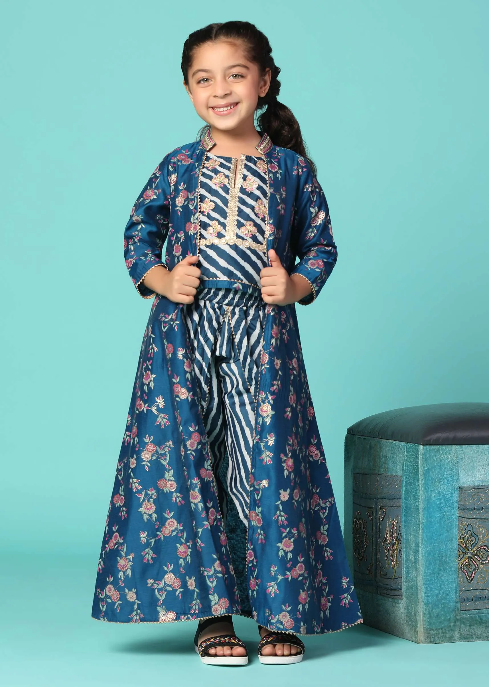 Kalki Cobalt Blue Embroidered Top And Pant Set With Jacket In Silk For Girls