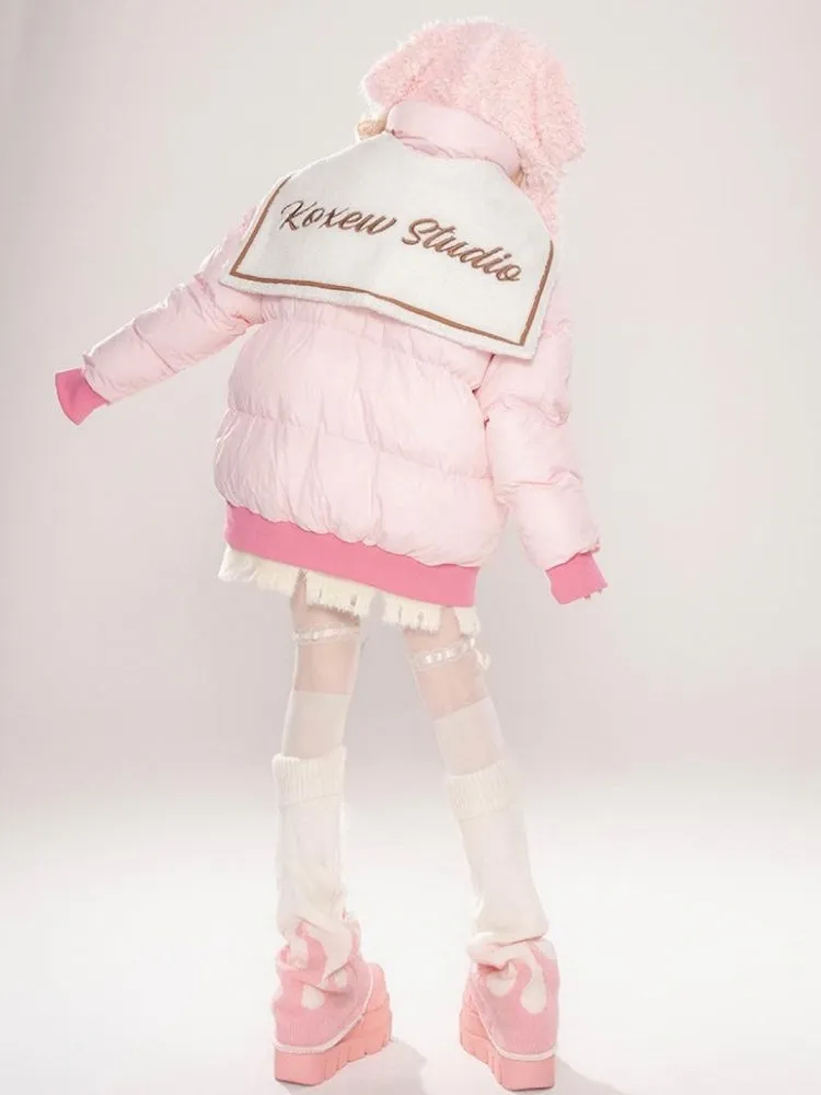 Pink Kitty Print Detachable Sailor Collar Thick Jacket