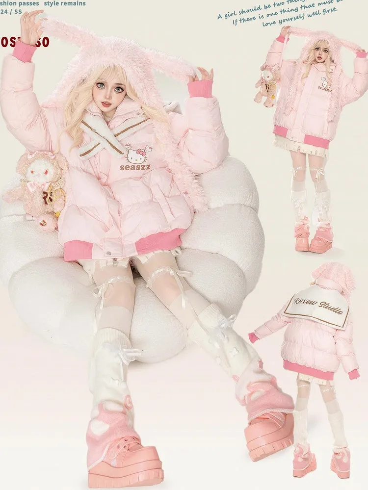 Pink Kitty Print Detachable Sailor Collar Thick Jacket