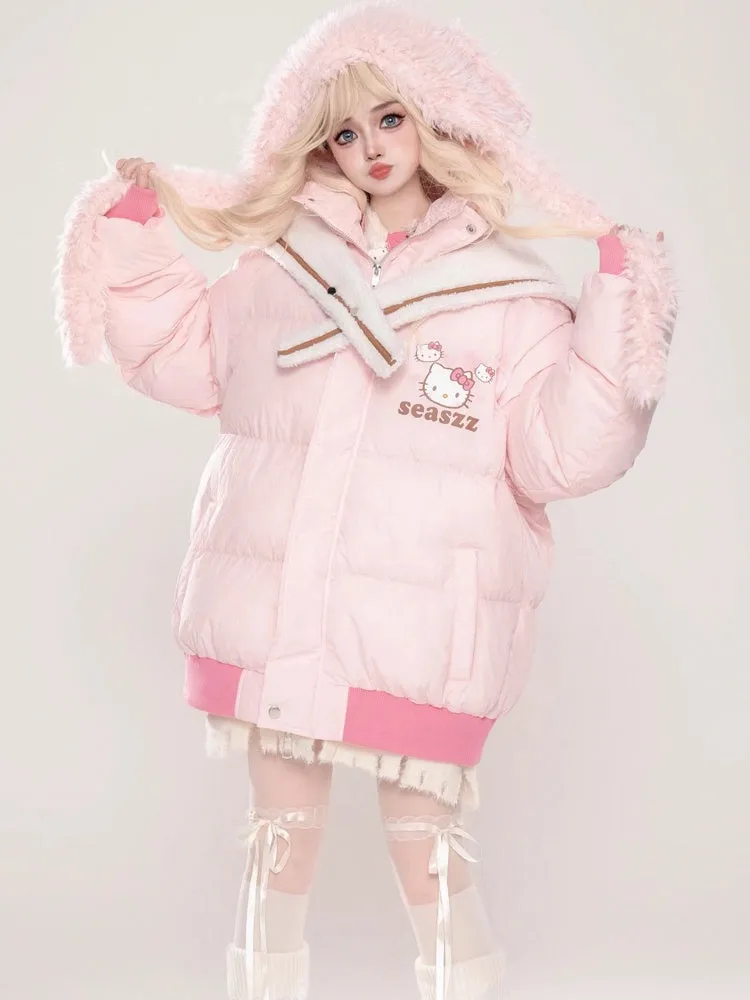 Pink Kitty Print Detachable Sailor Collar Thick Jacket