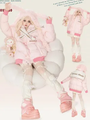 Pink Kitty Print Detachable Sailor Collar Thick Jacket