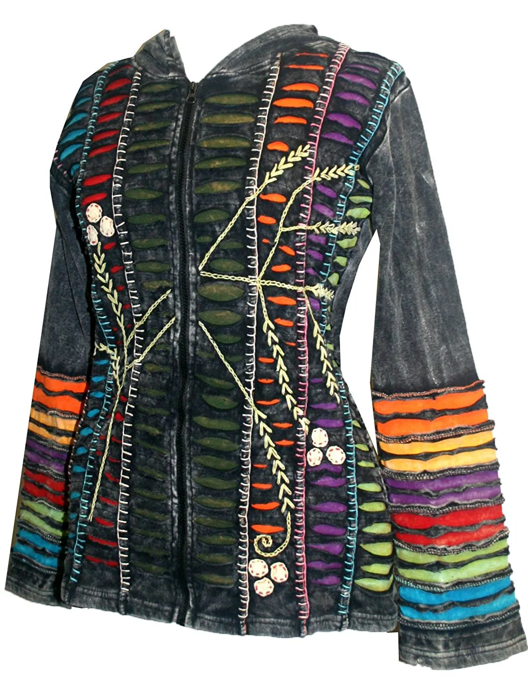 RJ 51 Agan Traders Bohemian Nepal Hoodie Gypsy Knit Cotton Patch Rib Jacket