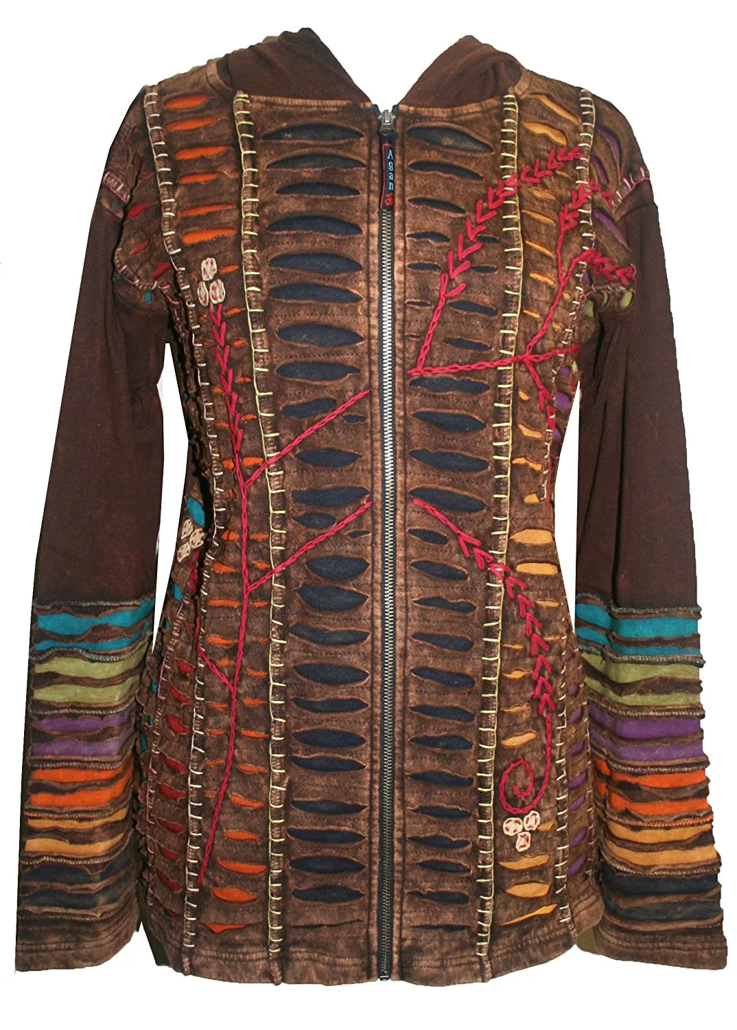 RJ 51 Agan Traders Bohemian Nepal Hoodie Gypsy Knit Cotton Patch Rib Jacket