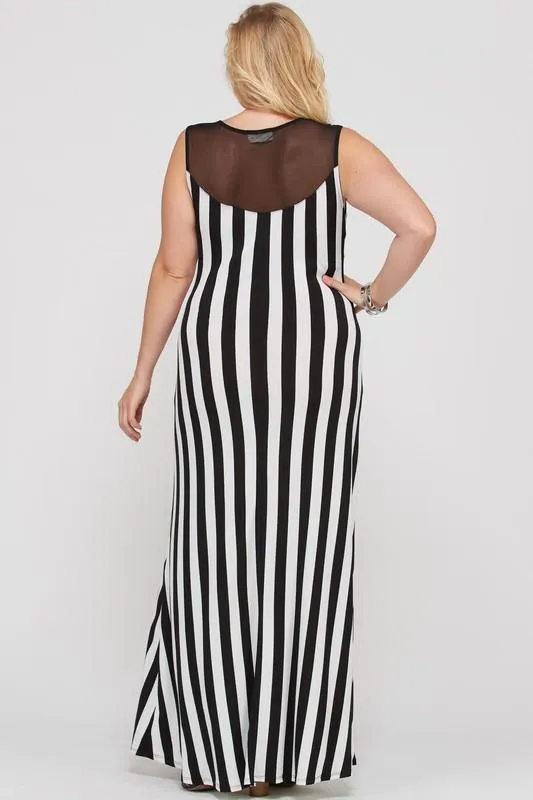 Striped Maxi Dress With A Mesh Neckline