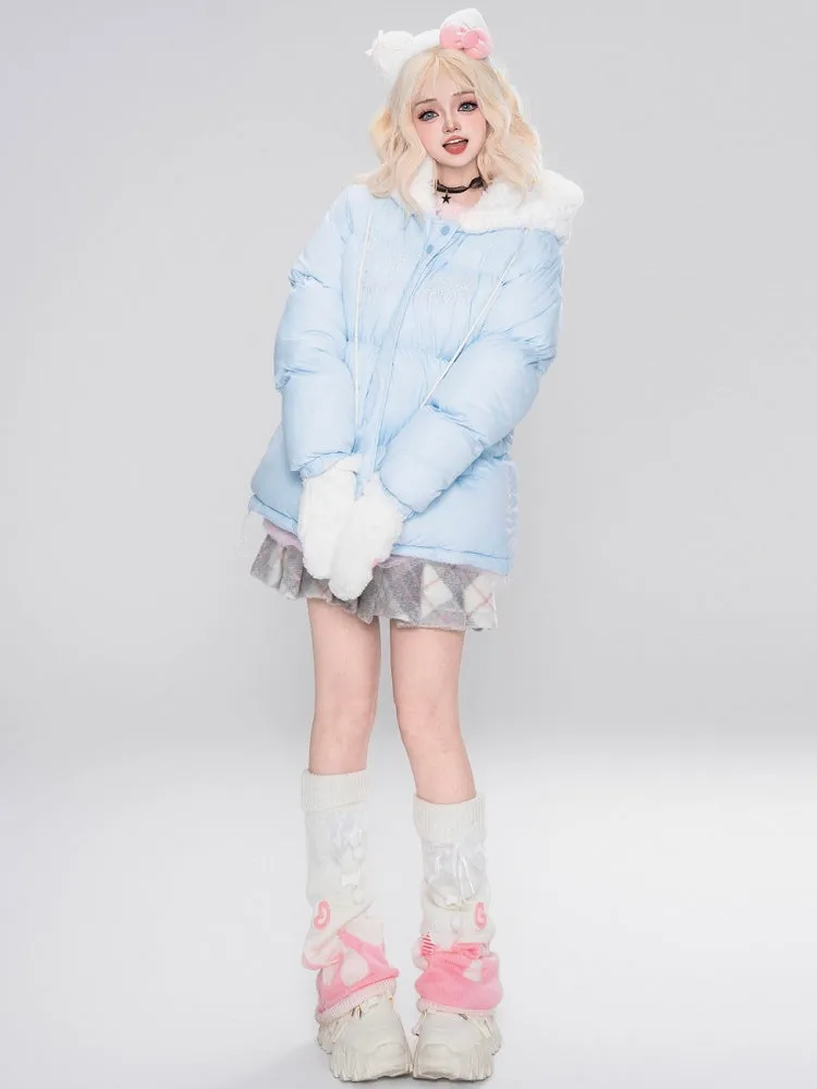 White/Pink/Light Blue Kitty Plush Hood Hooded Thick Jacket