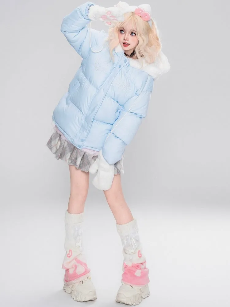 White/Pink/Light Blue Kitty Plush Hood Hooded Thick Jacket