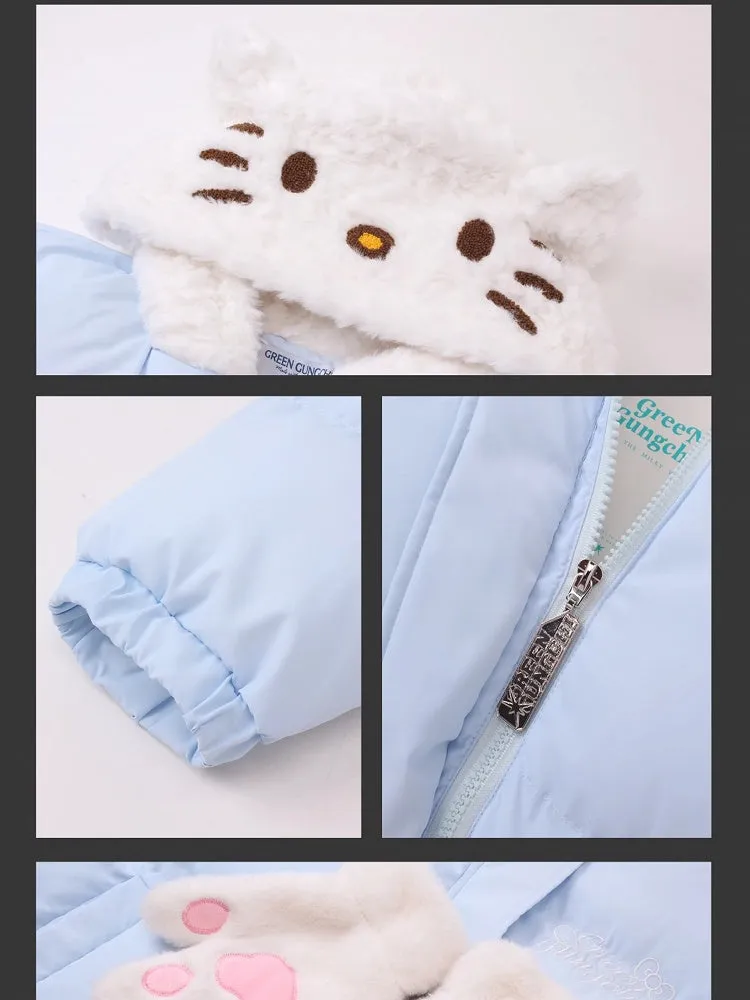White/Pink/Light Blue Kitty Plush Hood Hooded Thick Jacket