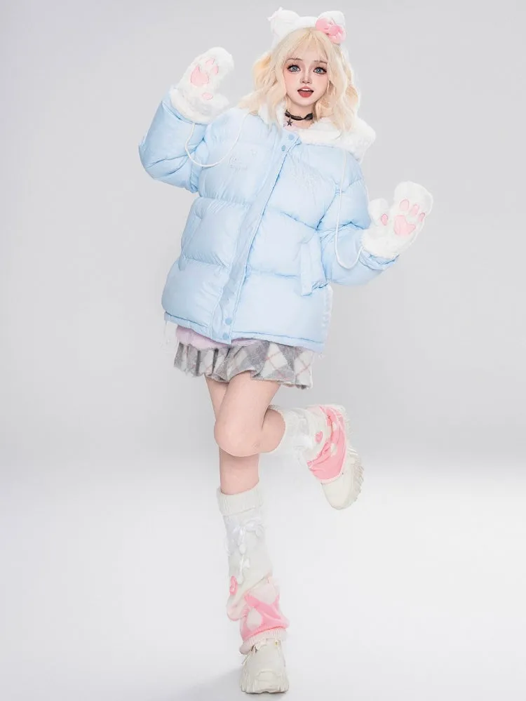 White/Pink/Light Blue Kitty Plush Hood Hooded Thick Jacket