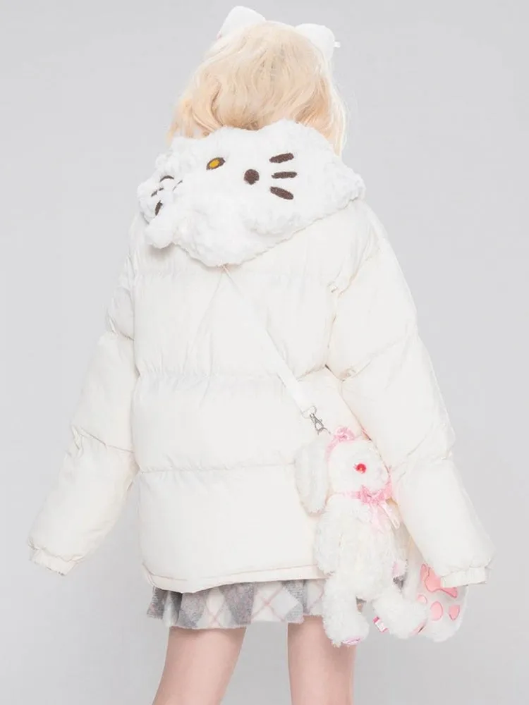 White/Pink/Light Blue Kitty Plush Hood Hooded Thick Jacket