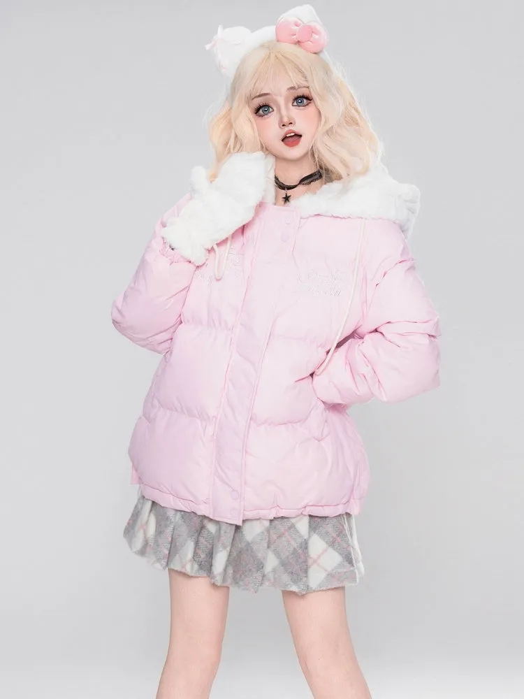 White/Pink/Light Blue Kitty Plush Hood Hooded Thick Jacket