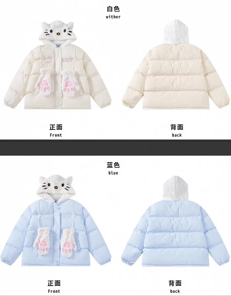 White/Pink/Light Blue Kitty Plush Hood Hooded Thick Jacket