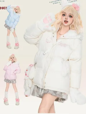 White/Pink/Light Blue Kitty Plush Hood Hooded Thick Jacket